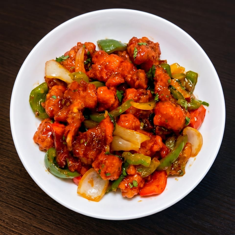 A white bowl filled with chili chicken, bell peppers, and onions on a dark wooden table.