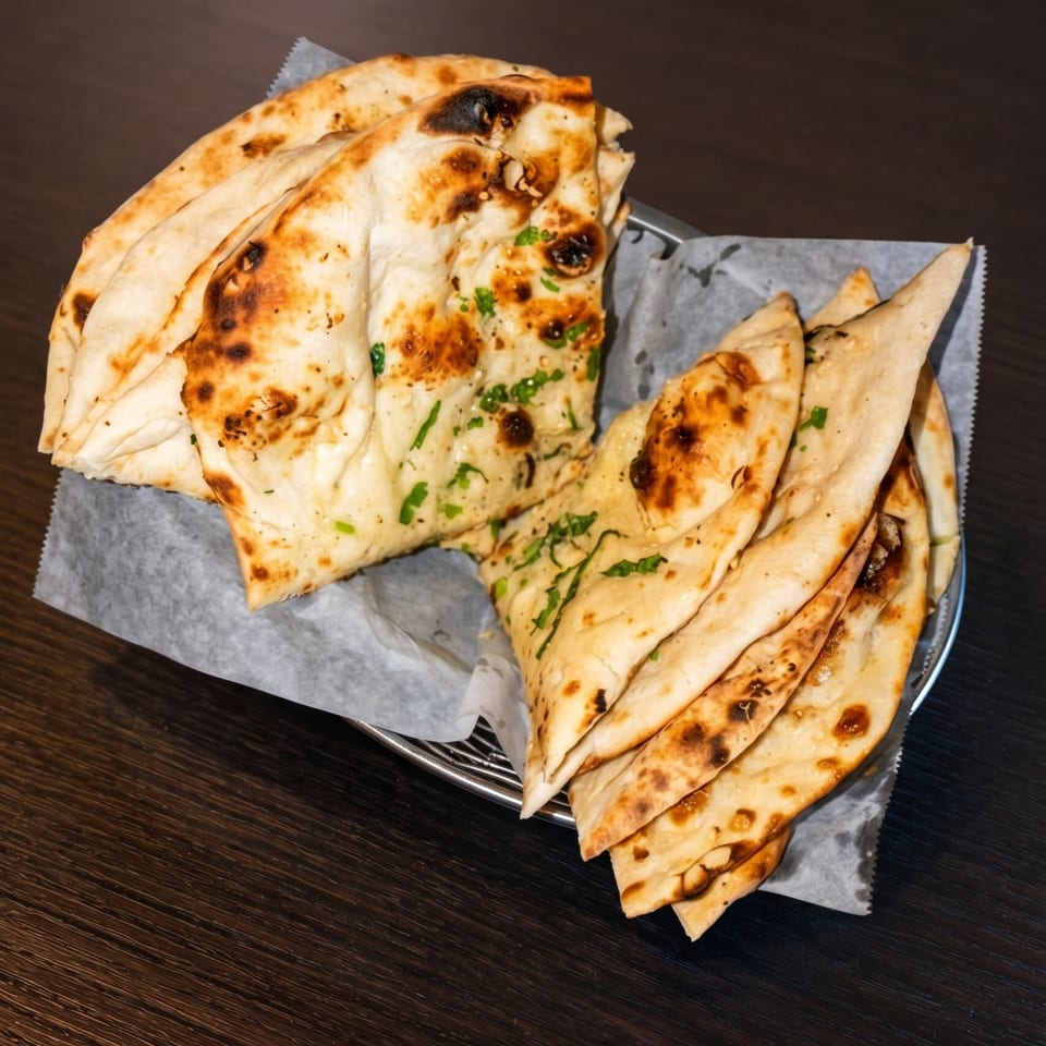 Two baskets of freshly baked naan bread, some topped with green herbs, on a dark wooden table.