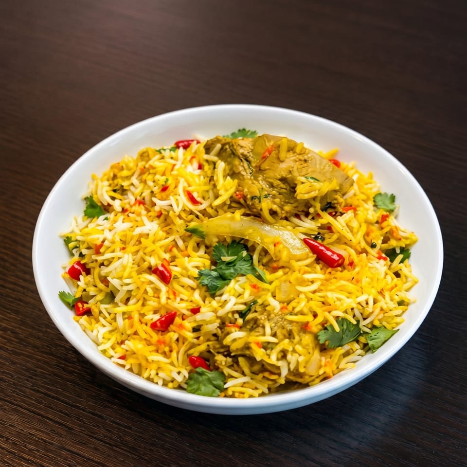 A white bowl of chicken biryani with yellow rice, red chilies, and cilantro on a dark wooden table.