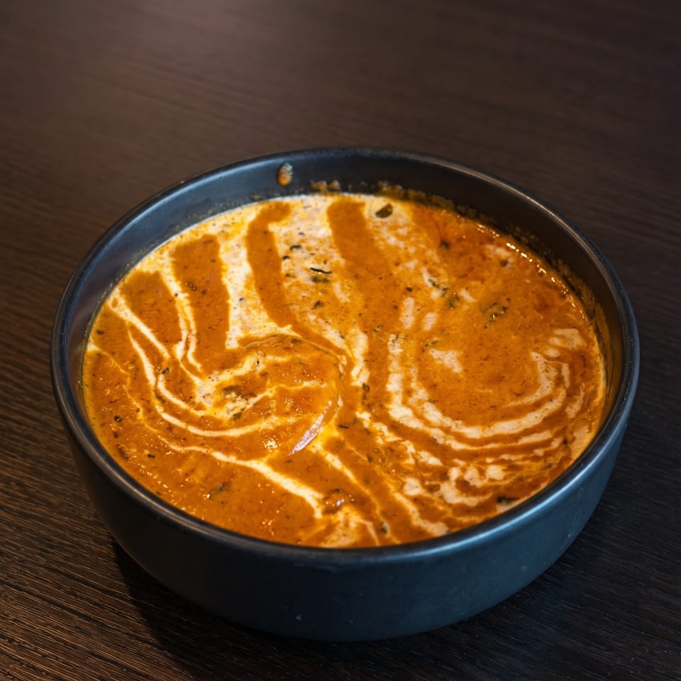 A black bowl of creamy orange curry with white swirls and herbs on a dark wooden table.