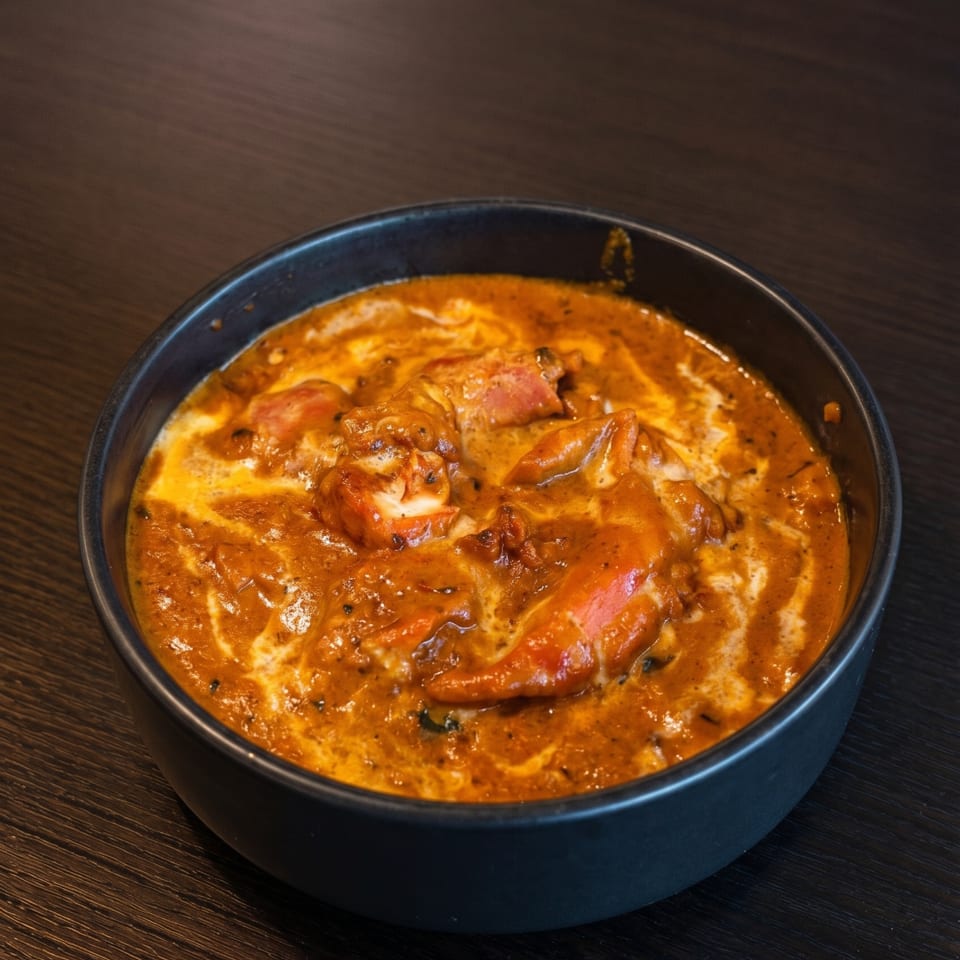 A black bowl filled with orange curry, chicken, and a swirl of cream on a dark wooden table.