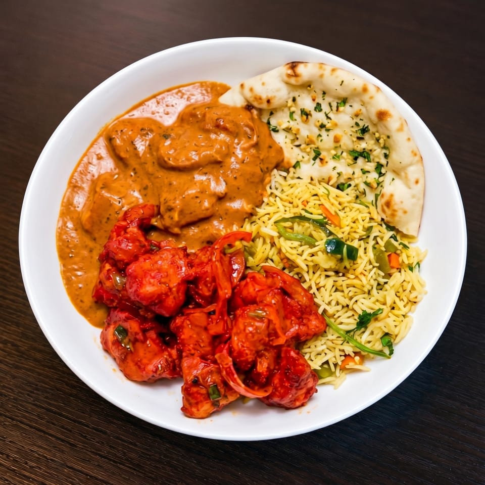 A white bowl filled with butter chicken, chili chicken, vegetable rice, and garlic naan.