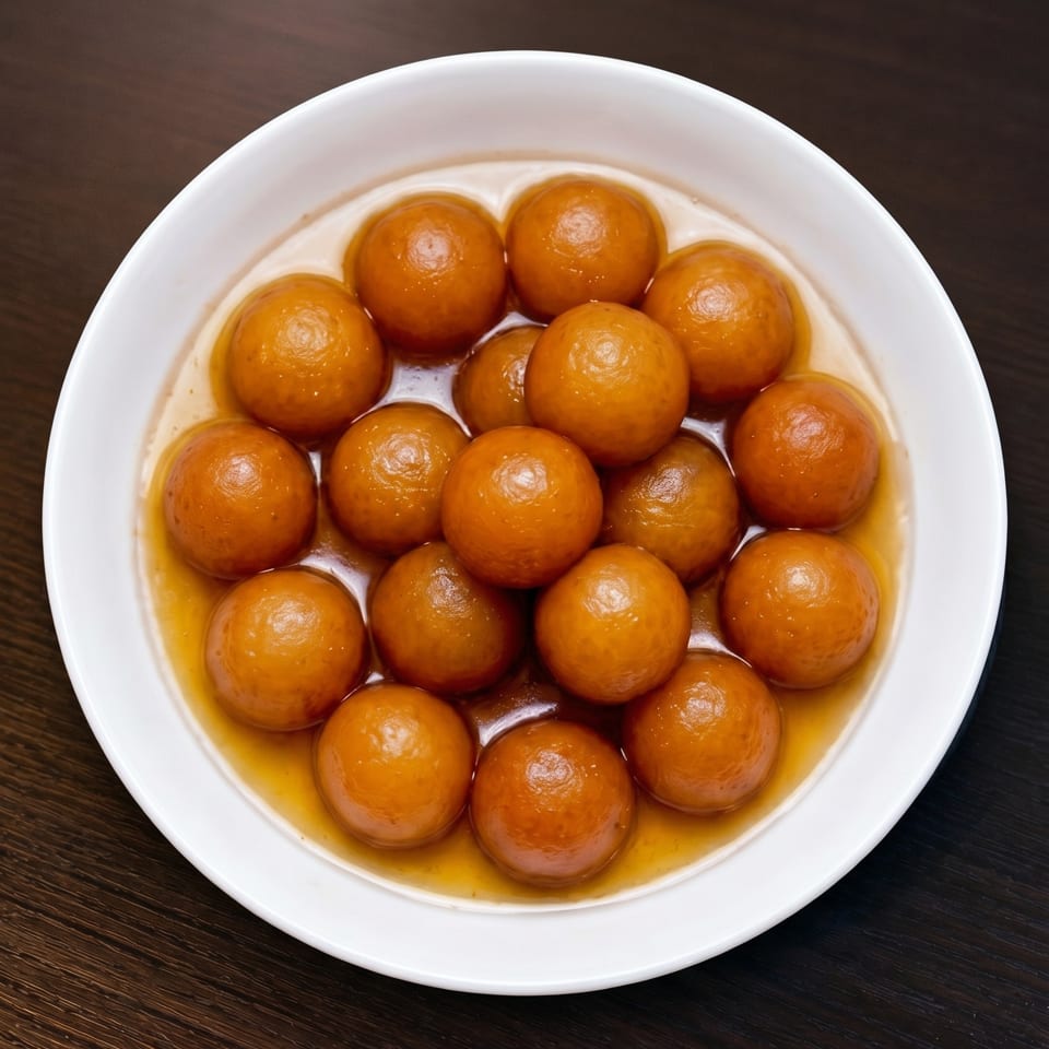 A white bowl filled with golden-brown gulab jamun, soaked in sweet syrup, on a dark wooden table.